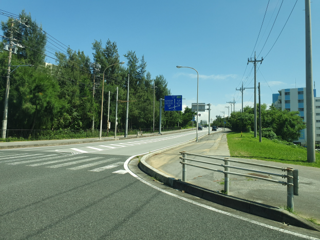 Eine vielbefahrene Hauptstra├če mit Fahrzeugen, Laternen, Strommasten mit Kabeln, Texttafeln, Gel"andern, Gr"unen, Geb"auden mit Fenstern und einem bew"olkten Himmel im Hintergrund.