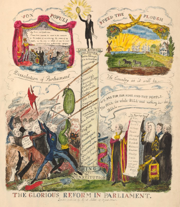 Ein buntes illustriertes Dokument mit der Überschrift "Die glorreichen Reform im Parlament", das mutige Texte und verschiedene, strahlende Menschen zeigt, die Hoffnung und Fortschritt symbolisieren.
