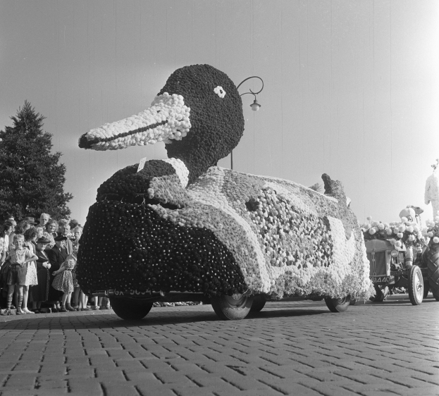 Schwarzes und weißes Foto eines Paradewagens in Form einer Ente, dekoriert mit Blumen, mit Menschen auf der linken Seite und Bäumen im Hintergrund.