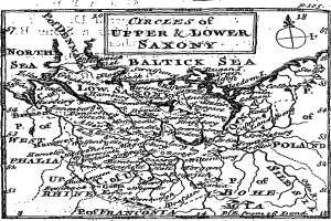 Schwarze und weiße Karte von Ober- und Niedersachsen, die geographische Merkmale wie Flüsse, Berge und Städte zeigt.
