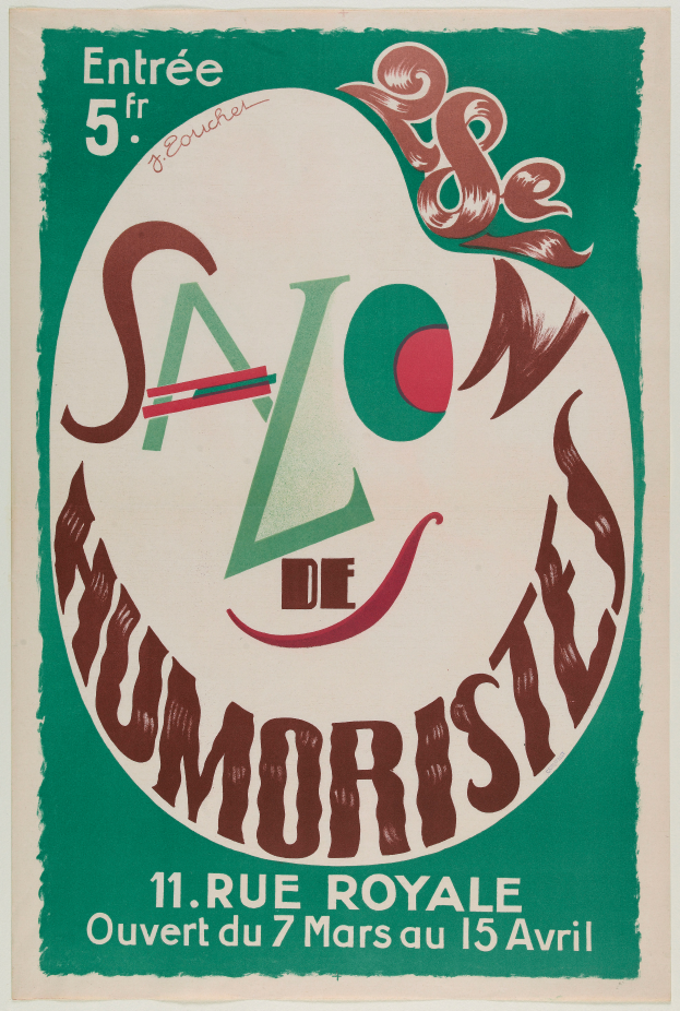 Ein Plakat, das ein Humoristensalon in Paris, Frankreich, bewirbt, mit Text, der die Angebote des Salons beschreibt.