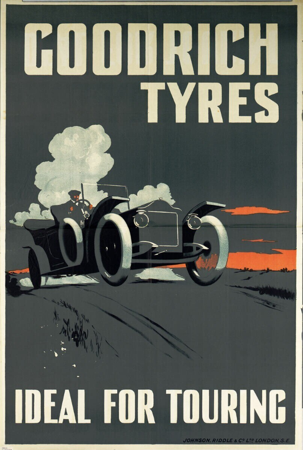 Plakatwerbung für Goodrich Reifen mit einem Auto und einer Person darin, das Unternehmensinformationen und -dienstleistungen zeigt.