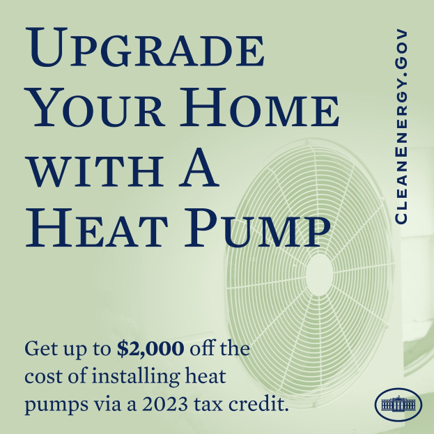 Plakat für die Werbung von Heizungspumpen-Upgrades, mit einem Bild einer Heizungspumpe und dem Text "Upgrade Your Home with a Heat Pump."