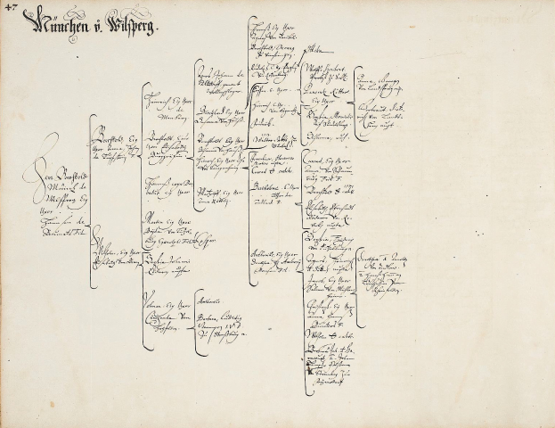 Ein altes Buch mit handgeschriebener genealogischer Tabelle des Familienstammbaums von Wilhelm Wilhelm, gefüllt mit detaillierten Ahnenforschungsinformationen.