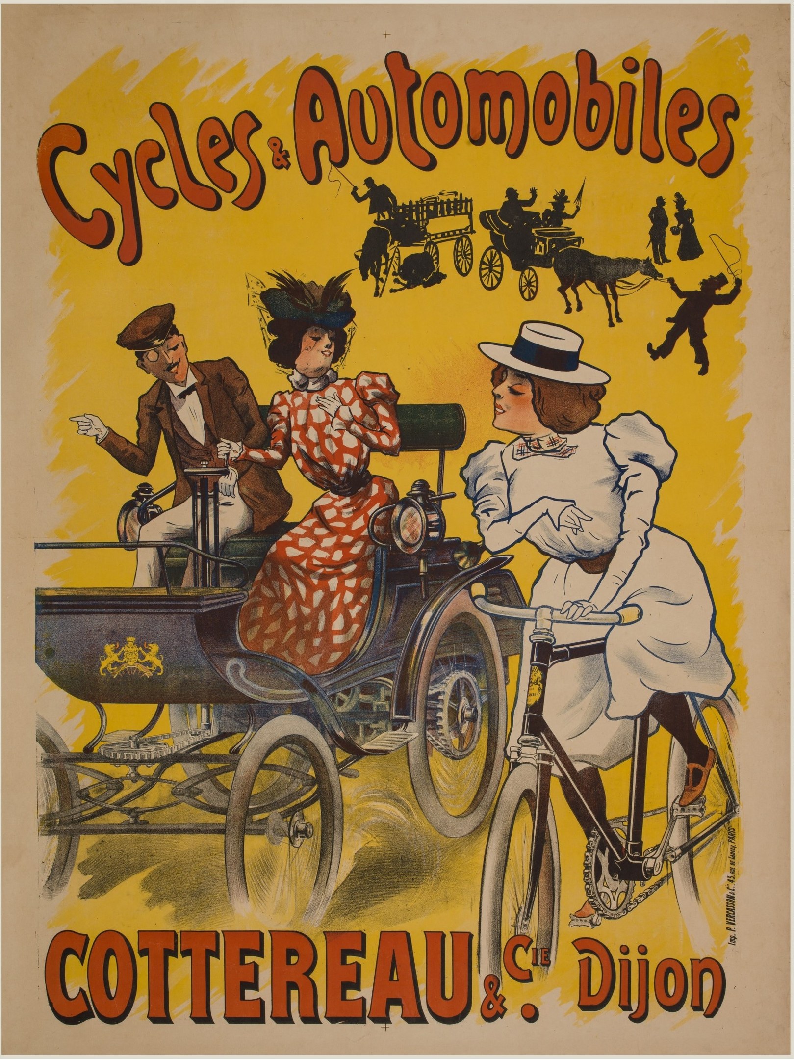 Plakat zur Werbung von Fahrrädern und Automobilen in Cottereau und Dijon, Frankreich, zeigt Menschen auf Fahrrädern und eine Kutsche mit "Fahrräder und Automobile" oben.