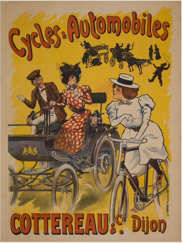 Plakat zur Werbung von Fahrrädern und Automobilen in Cottereau und Dijon, Frankreich, zeigt Menschen auf Fahrrädern und eine Kutsche mit "Fahrräder und Automobile" oben.