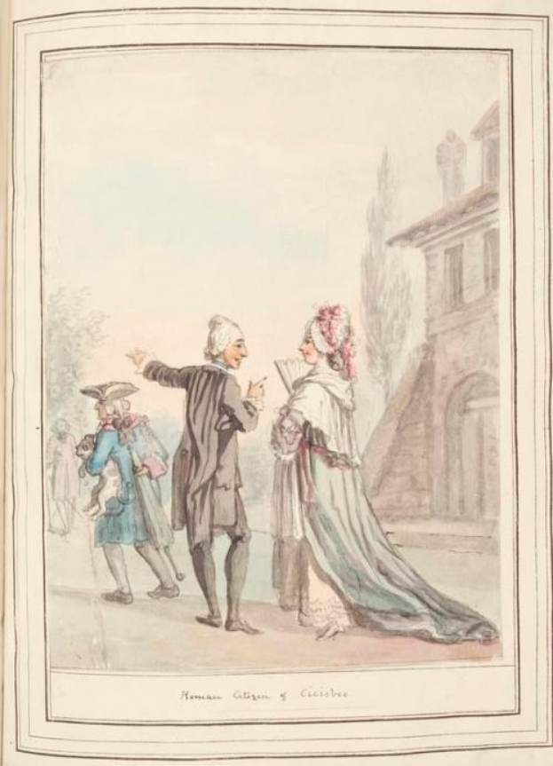 Eine historische Illustration eines Mannes in dunklem Mantel und Hut und einer Frau in einem prunkvollen Kleid, die vor einem Gebäude unter einem klaren blauen Himmel stehen, betitelt 'Die Rückkehr des Königs und der Königin von England' von Thomas Rowlandson.