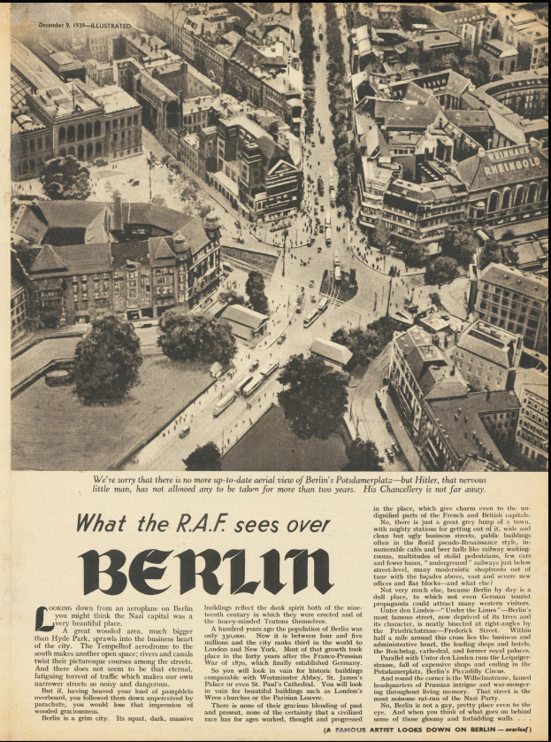 Schwarze und weiße Zeitung mit einem Stadtbildfoto, das Gebäude, Bäume und Fahrzeuge zeigt, begleitet von Text.