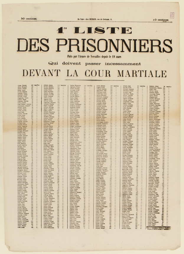 Eine vergilbte, alte Zeitung mit einer Liste von Gefangenen, die in zwei Spalten unterteilt ist, eine für die Gefangenennummern und die andere für die Namen, in schwarzer Tinte gedruckt.
