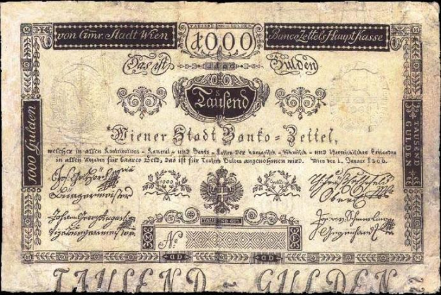 Alte deutsche 1000-Pfennig-Banknote von 1900 mit Abbildung eines Mannes auf schwarzem Hintergrund, mit Text und Zahlen zur Angabe des Nennwerts.