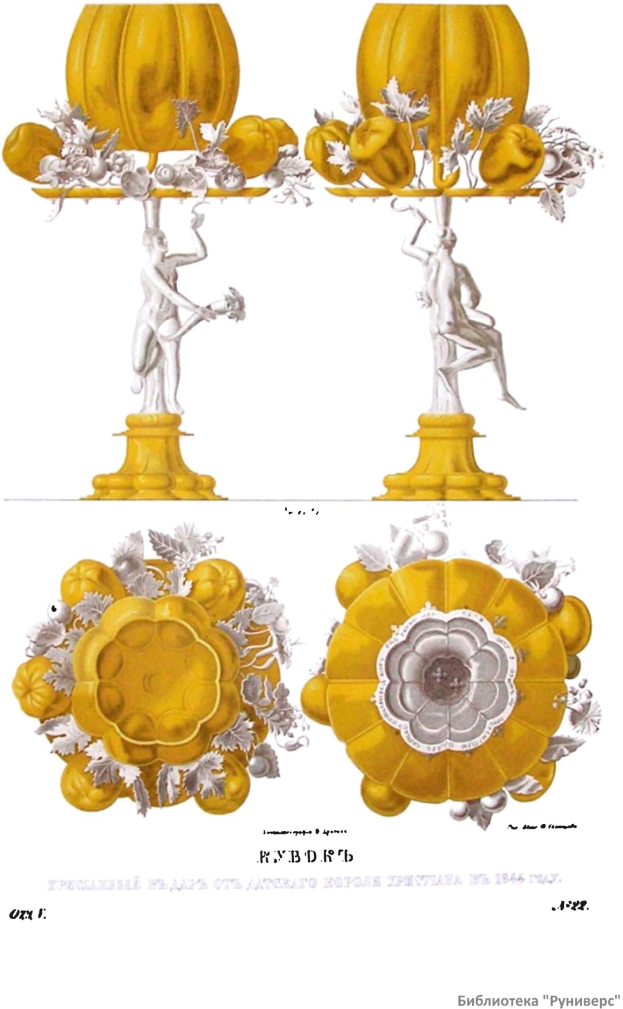 Ein Plakat mit einer Zeichnung eines Tisches, der mit Kürbissen, Skulpturen und Blumen geschmückt ist, mit dem Text "Kürbisdekorationen aus dem 18. Jahrhundert" unten.