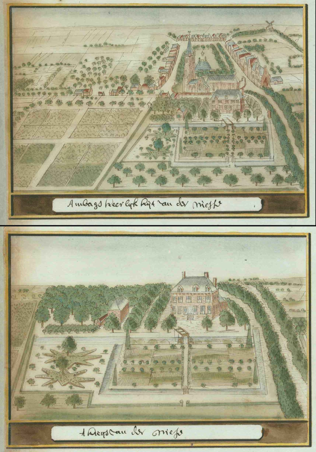 Zwei nebeneinanderliegende Stadtkarten mit dichtem Baumbestand, grünen Bäumen und blühenden Pflanzen, mit Text am unteren Rand des Bildes.