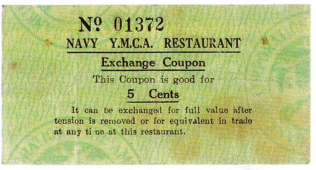 Ein Blatt Papier mit der Aufschrift "Navy YMCA Restaurant Exchange Coupon"