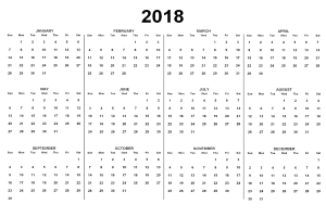 Ein Schwarz-Weiß-Kalender aus dem Jahr 2018, der die Feiertage der USA anzeigt, mit datierten Wochenreihen und fett markierten Feiertagen.