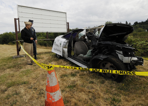 Polizist in Uniform inspiziert ein schwer beschädigtes Auto mit eingedellter Haube und zersplitterten Fenstern am Straßenrand, mit einem Verkehrskegel und Band in der Nähe, Bäumen und einem bewölkten Himmel im Hintergrund.