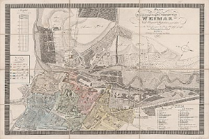 Ausführliche alte Karte von Weimar, Deutschland, mit Straßen, Gebäuden, Sehenswürdigkeiten und zusätzlichem Text über die Einwohnerzahl und Merkmale der Stadt.