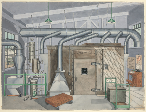 Ein detailliertes Linienbild eines industriellen Fabrikinneren mit einer zentralen großen Maschine, umgeben von verschiedenen Maschinen, Rohren, einer Tür, einem Wagen, einem Tisch, einem Stuhl, einer Anschlagtafel mit der Aufschrift "American Foundry Equipment Co, Indiana" sowie Fenstern und Deckenleuchten.