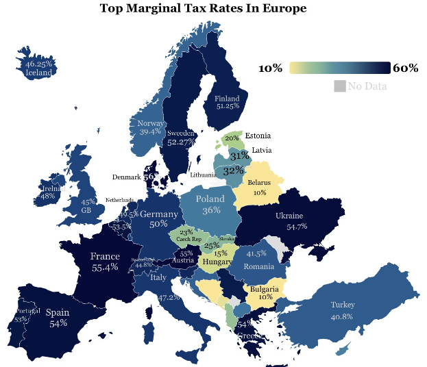 Eine Europakarte mit Farben, die die Spitzensätze der Einkommensteuer in jedem Land anzeigen und die Überschrift "Spitzensätze der Einkommensteuer in Europa" oben.