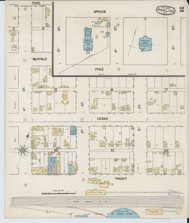 Alte Karte von San Francisco, Kalifornien, mit detaillierter Textbeschreibung des Layouts des Rawlins-Schulbezirks auf Papier gedruckt.