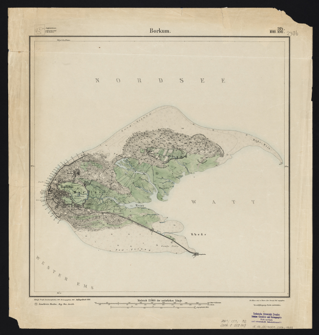 Eine alte Karte der Nordsee-Insel mit schwarzem Hintergrund, die die Küste, Inseln und andere geografische Merkmale detailliert, mit Textinformationen zur Inselgröße, -form und -lage.