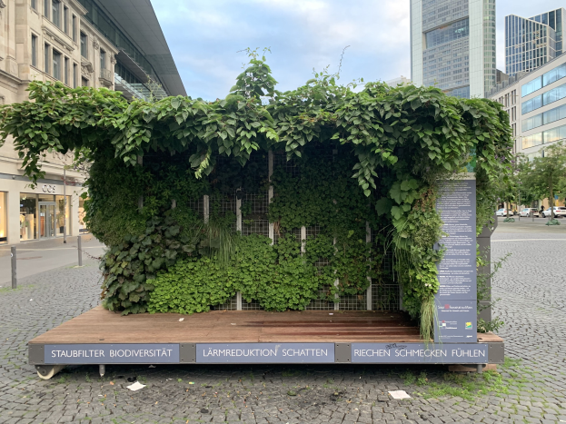 Grünes Gebäude mit Efeu an den Wänden, umgeben von Bäumen, Fahrzeugen, Strommasten und anderen Gebäuden unter einem bewölkten Himmel, Teil der Staufbilter Biodiversität in Berlin, Deutschland.