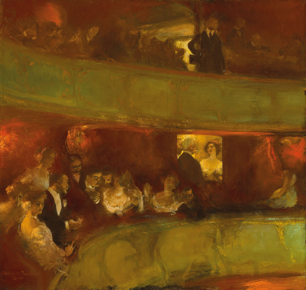 Ein Bild einer bunten Gruppe von Menschen in einem hell erleuchteten Theater, einige stehen, andere sitzen, alle in eleganter Kleidung, die eine lebendige und einladende Atmosphäre schaffen.