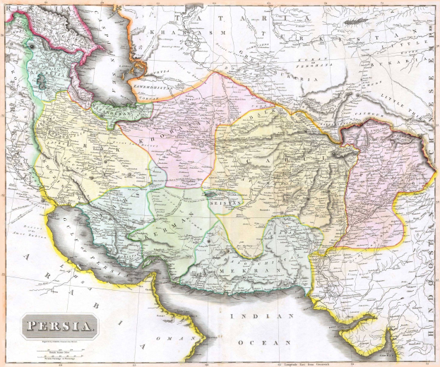 Ein detailliertes Kartenbild des persischen Reichs mit Provinzen und Städten, primarily in shades of blue, green, and yellow, with text at the bottom in a bold font and a thin black border.