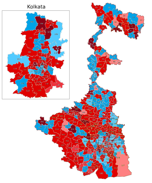 Farbcodierte Karte von Kolkata, Indien, zeigt Bevölkerungsverteilung in Prozent, mit der Überschrift "Kolkata Wahl-Ergebnisse" oben.