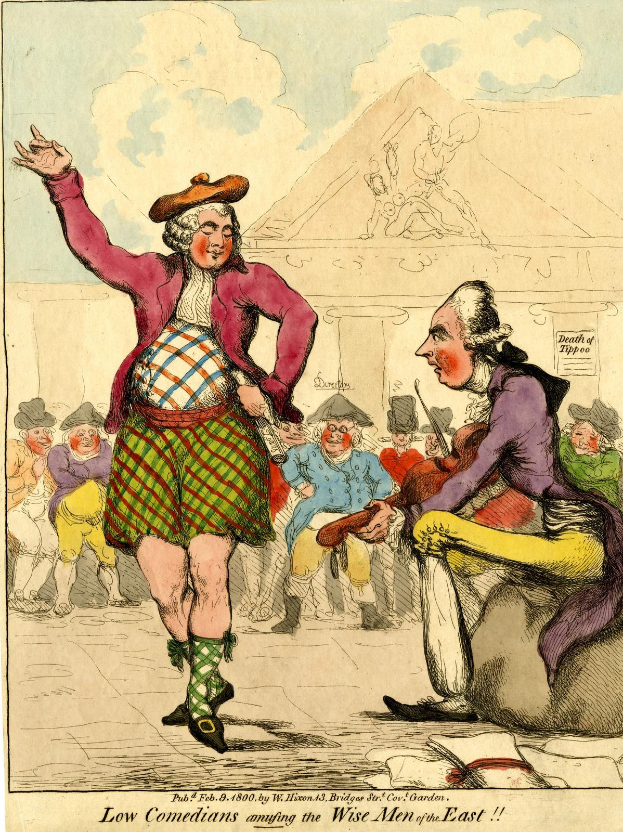 Zeichnung eines Mannes in einem Kilt und einer Frau in einem Kleid, die vor einer Menge stehen, mit einem Gebäude und Wolken im Hintergrund und Text unten, der 'Niedrige Komiker, die die weisen Männer des Ostens unterhalten' liest.