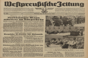 Schwarze Titelseite einer deutschen Zeitung vom 13. November 1939 mit der Überschrift 'Weitpreubliche Zeitung', die eine Gruppe von Menschen in traditioneller deutscher Tracht in einer feierlichen Atmosphäre zeigt.
