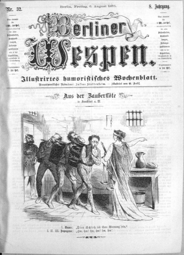 Eine schwarze und weiße Zeitung vom 6. August 1875 mit der Überschrift "Berliner Wespn", die eine Zeichnung einer Gruppe von Menschen in Not zeigt, einige schauen ängstlich nach oben, andere verwirrt nach unten.