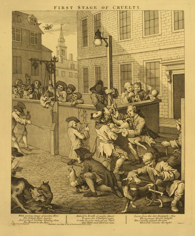 Ein handgezeichnetes Papier mit einer Gruppe von Menschen und Tieren vor einem Gebäude mit Fenstern und einem Laternenmast, betitelt "Erste Stufe der Grausamkeit" unten.