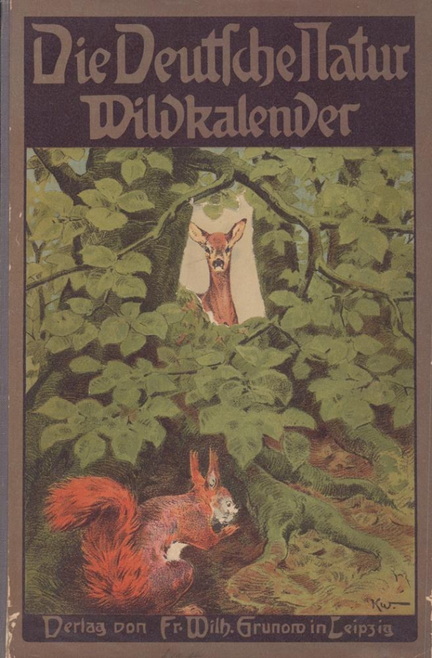 Ein Buchumschlag mit einer Illustration eines Rehs und eines Eichhörnchens in einem Waldgebiet, wobei der Titel "Die Deutsches Hatur Wildkalender" auf dem Umschlag zu sehen ist.