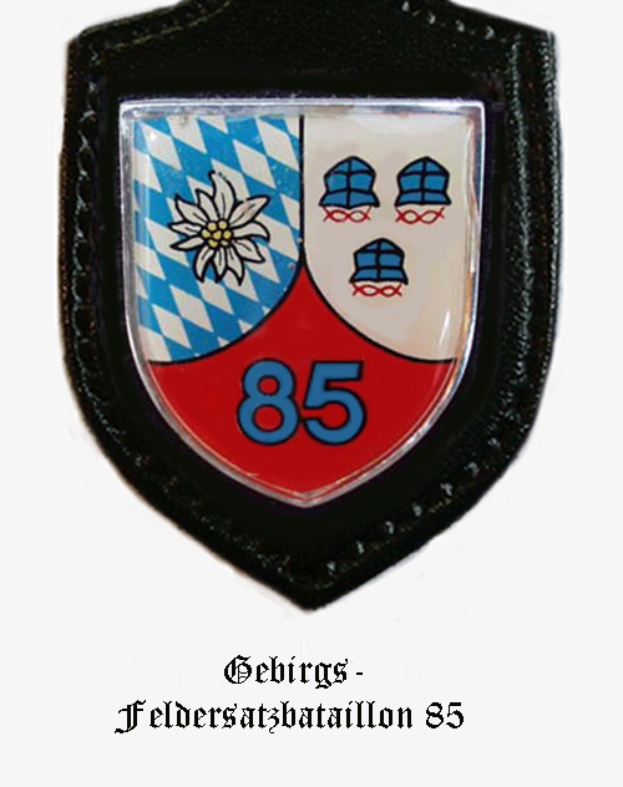 Ein Abzeichen mit der Nummer 85 und deutschem Text unten, das das Logo der bayerischen Fußballmannschaft darstellt.