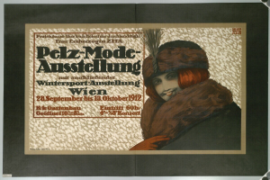 Ein Plakat wirbt für ein Wintersport-Event in Wien, Österreich, das eine lachende Frau in einem Pelzmantel und einer Mütze zeigt, sowie Eventdetails im Text.