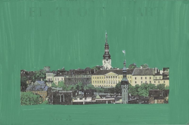 Stadtlandschaftsbild mit grünem Hintergrund, das Gebäude und Bäume zeigt.