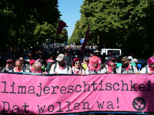 Eine Gruppe von Menschen marschiert mit einem pinken Banner, auf dem 'Women's March in Berlin' steht, die Straße entlang, einige tragen Mützen und Schutzbrillen, andere halten Fahnen, vor einem Hintergrund aus Bäumen, Fahrzeugen und Himmel.