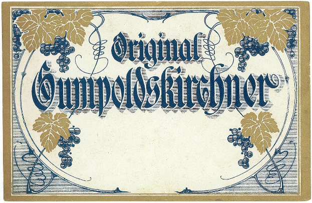 Alte deutsche Wein-Etikett mit einer Abbildung von Trauben und Blättern, mit Text, der den Wein-Typ angibt.