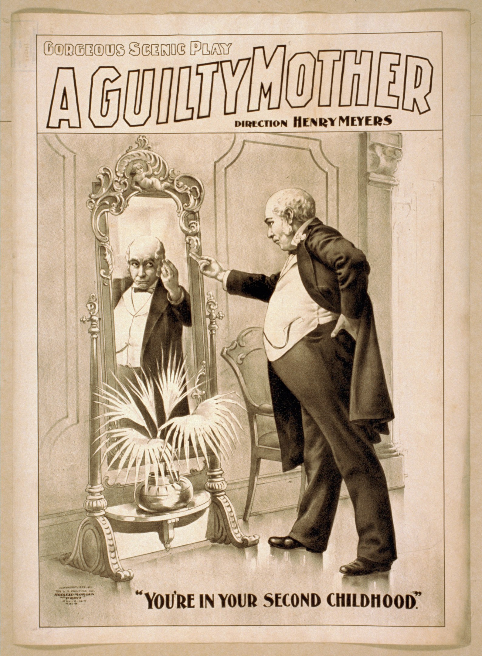 Ein Plakat, das einen Mann vor einem Spiegel mit einem Stuhl und einer Pflanze im Hintergrund zeigt, der Text auf dem Plakat lautet: "Eine schuldige Mutter - Du bist in deiner zweiten Kindheit."