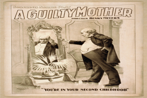 Ein Plakat, das einen Mann vor einem Spiegel mit einem Stuhl und einer Pflanze im Hintergrund zeigt, der Text auf dem Plakat lautet: "Eine schuldige Mutter - Du bist in deiner zweiten Kindheit."