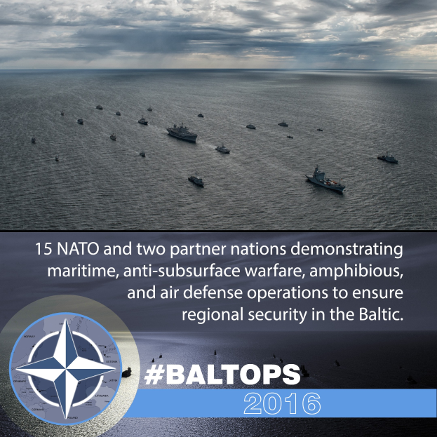 Gruppe von Schiffen auf dem Wasser mit bewölktem Himmel, mit Text und Logo über NATO-Meerübungen in der Ostsee.