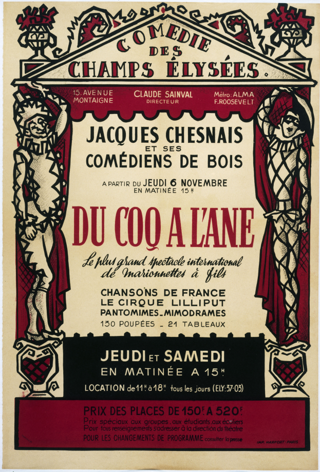 Ein Plakat, das eine Comedy-Show auf den Champs-Élysées in Paris ankündigt, mit Text und Bildern zum Event.