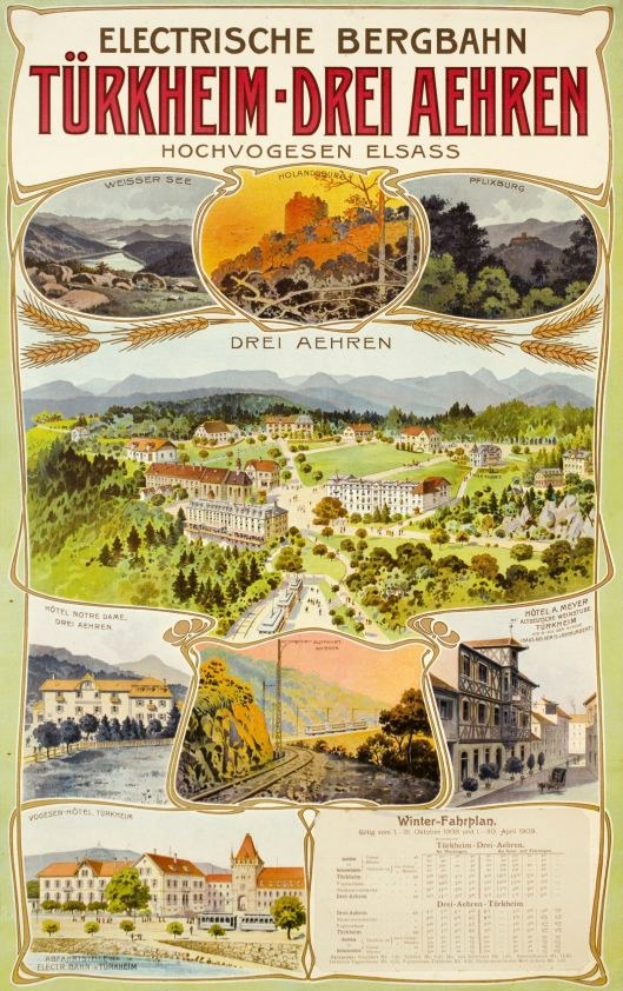 Plakat bewirbt Bergbahn, Deutschland, zeigt Gebäude, Bäume, Hügel und beschreibenden Text.