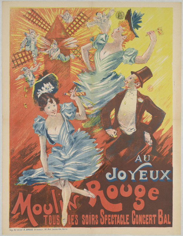 Ein Plakat, das ein Moulin Rouge-Konzert in Paris ankündigt, mit einem roten Hintergrund, auf dem Menschen in bunten Kostümen tanzen, die fröhlich und glücklich aussehen, und "Moulin Rouge" in fetter weißer Schrift.