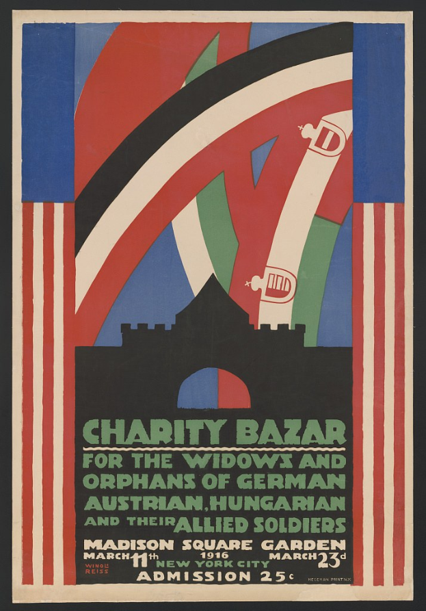 Charity Bazaar-Plakat für Witwen und Waisen deutscher, australischer, ungarischer und alliierter Soldaten mit Veranstaltungseinzelheiten im Text.