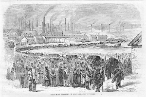 Schwarze und weiße Zeichnung von Menschen vor einer Fabrik mit Häusern und Rauch aus Schornsteinen, Text unten lautet "Kohlebergbau-Katastrophe in England das Ende".