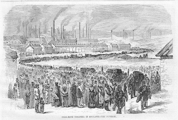 Schwarze und weiße Zeichnung von Menschen vor einer Fabrik mit Häusern und Rauch aus Schornsteinen, Text unten lautet "Kohlebergbau-Katastrophe in England das Ende".