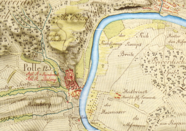 Detailierte alte Karte von Polle, Deutschland, mit einem Fluss, Straße und Gebäude markiert.