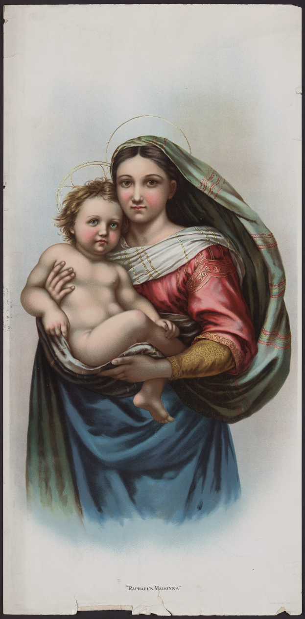 Frau in einem roten und blauen Kleid, die ein Baby hält, mit geschlossenen Augen, leicht geöffneten Lippen und einem Dutt, mit einem sanften Ausdruck.