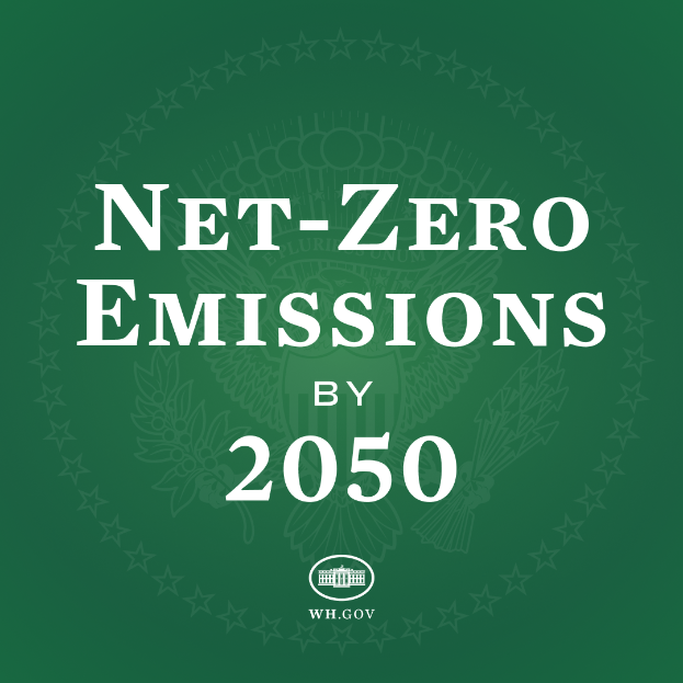 Ein grüner Hintergrund mit der fett weißen Schrift "net-zero emissions by 2050"
